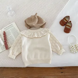 Baby girls hollow knit sweater with large ruffled collar, cute toddler spring long sleeve.