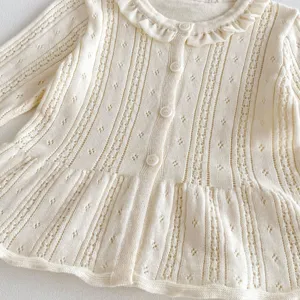 Baby knit cardigan detail shot, breathable hollow out design, sweet ruffle collar cute.