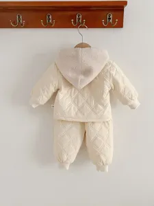 Infant winter thick quilted hooded cotton coat and pants set warm baby clothing item.