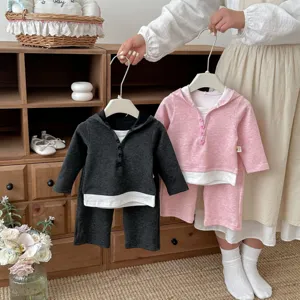 Mädchen Frühling Kapuzenpullover Und Weite Hose Zweiteiliges Set Kinder Lässiger Langarm Pullover Einfarbig Baumwolle Outfit