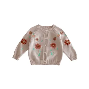 Cute toddler baby girls knitted cardigan sweater with lovely floral embroidery and buttons.