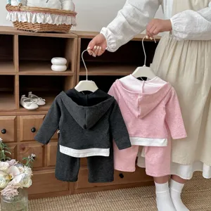 Kleinkind Mädchen Frühling Kapuzenpullover und Hosen Set Fake Zweiteiler lässig Details.