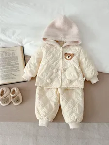Baby winter warm cotton padded hooded jacket and pants set with cute bear design for toddlers.