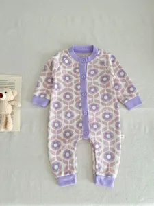 Cozy knit baby romper with purple floral pattern, long sleeve infant jumpsuit for autumn.