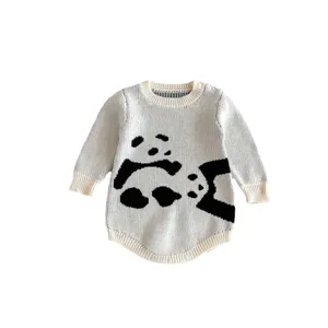 Cute knit baby romper with adorable panda pattern long sleeve infant sweater jumpsuit for autumn winter