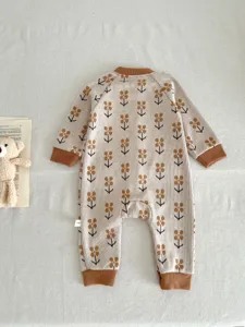 Baby autumn knit romper with vintage floral pattern, comfortable long sleeve newborn jumpsuit.