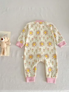 Baby floral knit romper with pink ribbed cuffs and collar, cute autumn baby clothes detail.