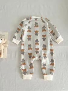 Cute knit baby romper with adorable bear pattern, long sleeve infant jumpsuit for autumn daily wear.
