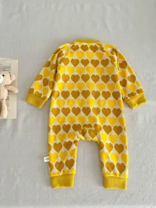 Cute yellow heart patterned baby knit romper long sleeve newborn jumpsuit infant clothing