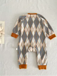 Infant knitted argyle romper baby onesie long sleeve casual jumpsuit for newborn daily wear