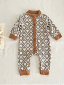 Baby knit romper with cute heart argyle pattern long sleeve jumpsuit infant clothes