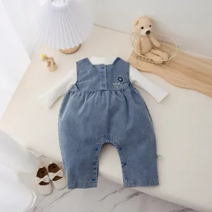 Bébé Filles Printemps Automne Ensemble de Vêtements Haut Côtelé Manches Longues Et Combinaison en Denim Vêtements pour Enfants en Bas Âge