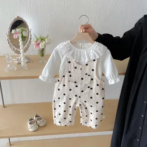 Infant Baby Girl Fall Polka Dot Strap Romper And Long Sleeve Lace Collar Undershirt Cotton Two Piece Set Outfits