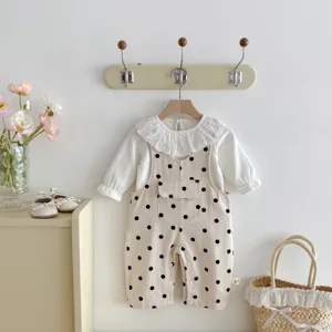 Cute baby girl polka dot overalls and lace collar top set, comfortable infant cotton crawler.