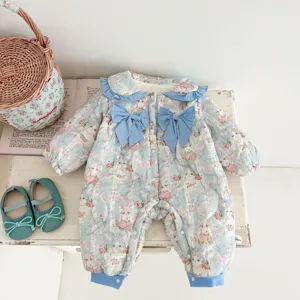 Baby Girls Winter Thickened Fleece Cotton Romper Cute Cat Floral Print Long Sleeve Jumpsuit Infant Warm Outfits
