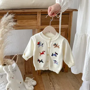 Baby Toddler Knit Cardigan Cute Puppy Embroidery Long Sleeve Crew Neck Single Breasted Sweater Fall Spring Children Clothing