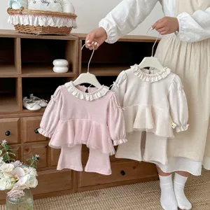 Girls Casual Cotton Top And Bottom Long Sleeve Mesh Doll Shirt Flared Pants Children Spring Outfit
