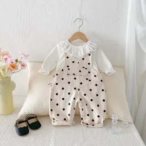 Baby polka dot overalls long sleeve set detail view, soft infant clothing, sweet style outfit.