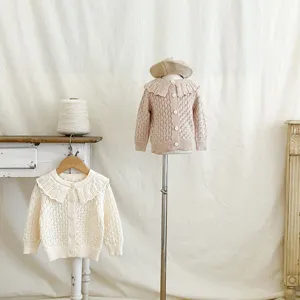 Infant baby girl knit cardigan sweater, cute lace collar long sleeve autumn knitwear detail.