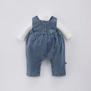 Combinaison pantalon en denim pour bébé fille avec haut côtelé blanc détail 0-3 ans
