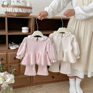 Toddler baby girl lace collar puff sleeve top and flare pants cute two piece clothing set
