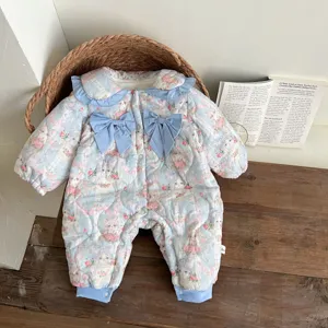 Winter thickened baby girl jumpsuit, cute floral cat print with lovely double bows and collar.