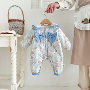 Cozy baby winter romper with cute blue bows, floral cat print, and warm fleece lining for girls.