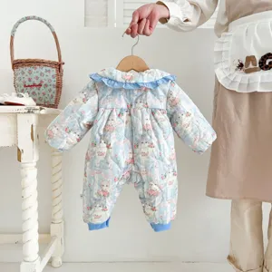 Detailed view of the cute baby cotton romper featuring charming cat and floral print design.