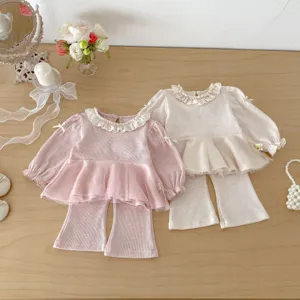 Toddler girls spring two-piece outfit cute mesh doll collar top flare pants sweet set