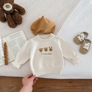 Cozy baby knit sweater in cream with cute animal embroidery, perfect for spring and autumn.