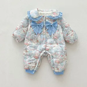 Infant winter fleece-thickened padded romper with cute cat print, ruffled collar and dual blue bows.