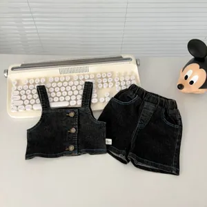 Set due pezzi gilet e pantaloncini in denim per bambina, vestito estivo stile coreano.