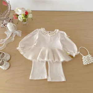 Toddler girl spring 2-piece set, cute lace collar mesh peplum doll shirt and flare pants.
