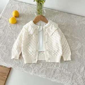 Cute baby girl knit cardigan sweater, sweet floral hollow out outerwear for infant toddler.