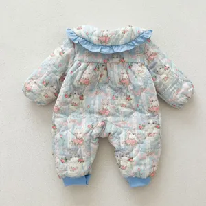 Infant winter padded romper detail, blue floral cat pattern fabric and sweet ruffle collar design.