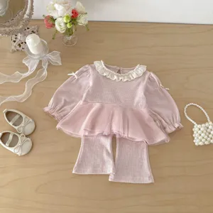 Cute girls spring two-piece set doll shirt mesh bow top flare pants baby daily clothing