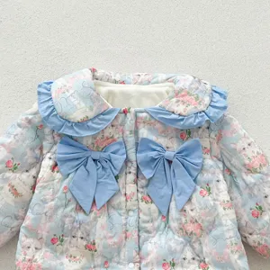 Cute baby winter thickened cotton romper with blue ruffles big bows floral print