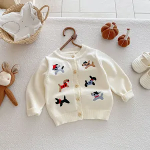 Charming infant knit cardigan featuring cute puppy embroidery details and wooden buttons.