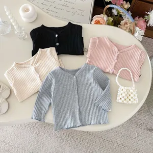 Cardigan en tricot pour bébé fille couleur unie haut côtelé mignon vêtement d'automne