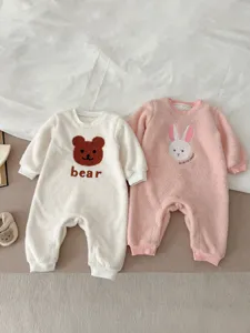 Detailed view of cute baby winter fleece romper with adorable bear and rabbit embroidery designs.