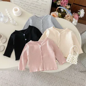 Bébé fille gilet en tricot côtélé couleur unie manches longues boutonné haut automne tout-petit