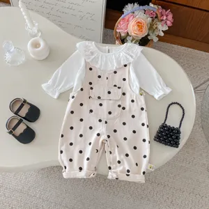 Baby girl autumn clothing set white lace collar blouse and polka dot overalls romper cute infant