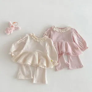 Girls spring long sleeve ruffle blouse and flared pants two piece set cute boutique outfit