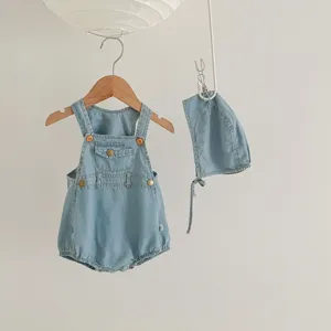 Sommer Baby hellblaue Jeans Spielanzug mit Mütze süßes Baumwolle Zweiteiler Set für Kleinkinder