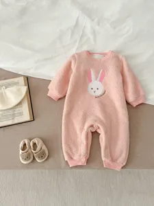 Cute baby fleece winter jumpsuit with adorable bunny embroidery, warm and cozy pink romper for infants.