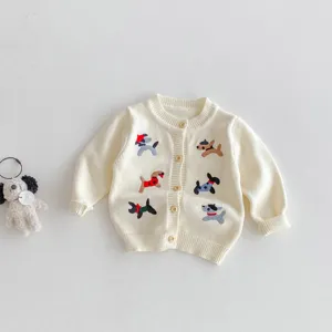 Infant baby cute dog embroidery knit cardigan sweater autumn toddler casual outerwear button up top