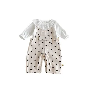 Infant baby girls polka dot strap romper set with white lace long sleeve blouse.