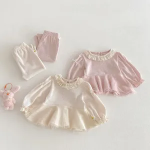 Girls cute spring mesh bow doll shirt and flare pants two-piece set, sweet toddler clothing.