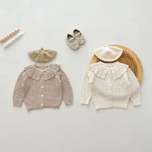 Cute baby girl knitted cardigan set with beret, long sleeve hollow out ruffle collar autumn toddler clothes