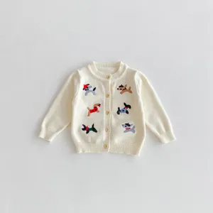 Cute baby knitted cardigan with sweet dog embroidery, soft off-white infant sweater.